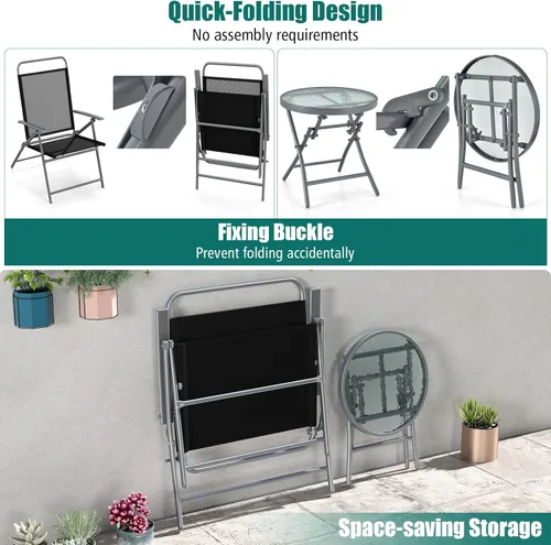 Miniatura 8 de Tangkula Juego de 3 sillas plegables para patio, juego de conversación de metal para exteriores con mesa auxiliar, asiento extragrande, marco