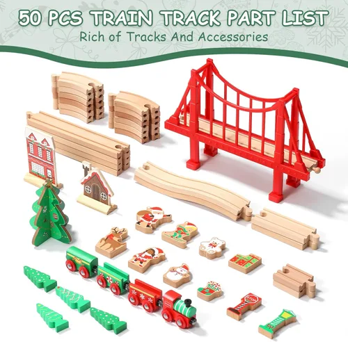 Miniatura 2 de SainSmart Jr. Juego de tren de madera de 50 piezas, tren de juguete con exquisita caja, juego de pista de tren de madera apto para las principales