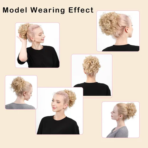 Miniatura 6 de Moño de cabello rizado desordenado, pieza de cabello sintético resistente al calor, extensiones de moño de cabello despeinado con cordón Updos Negro