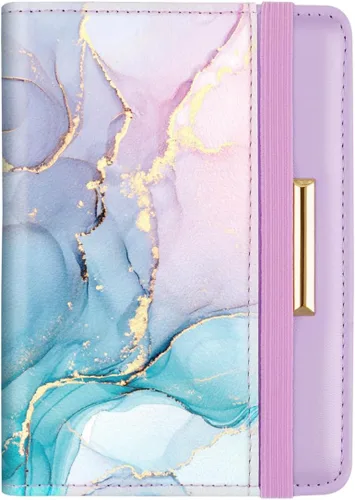 Funda para pasaporte de viaje tipo cartera con bloqueo RFID. Diseño de lindas flores color rosa oro, cartera para pasaporte con banda elástica para