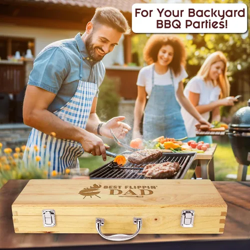 Miniatura 2 de Juego de parrilla BBQ de 11 piezas con caja de madera de arce grabada, herramientas de barbacoa de acero inoxidable premium con mangos de madera
