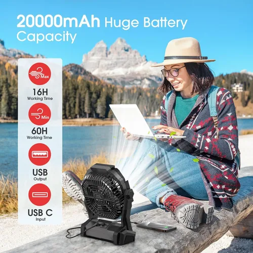Miniatura 2 de ONLYNEW Ventilador portátil recargable de 20000 mAh, ventilador alimentado por batería inalámbrica con linterna LED, USB C operado por batería