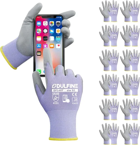 Miniatura 26 de DULFINE Guantes de trabajo de seguridad con revestimiento de poliuretano para hombres y mujeres - 12 pares, guante de punto sin costuras negro