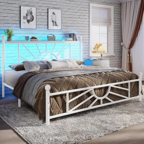 Miniatura 17 de Homkdom Marco de cama de plataforma de metal tamaño Queen de 14 pulgadas con cabecero, marco de cama victoriano Queen con almacenamiento debajo