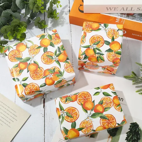 Miniatura 4 de Papel de regalo naranja, papel de regalo de frutas cítricas, papel de regalo plegado a granel, plano mandarina, para cumpleaños, baby shower