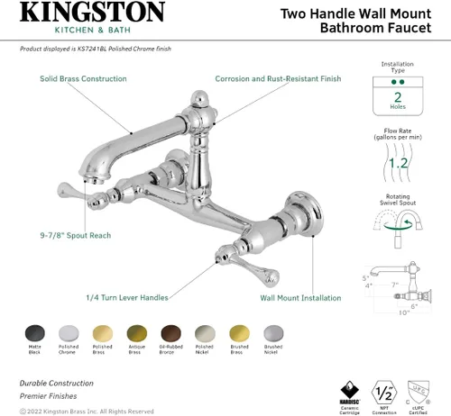 Miniatura 4 de Kingston Brass KS7247BL - Grifo de baño de montaje en pared, latón cepillado Cobrizo cepillado