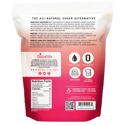 Miniatura 2 de DureLife Edulcorante de Fruta del Monje, Clásico - Sustituto del Azúcar Blanco, Compatible con Dieta Keto, Reemplazo de Azúcar 1:1, Cero Calorías