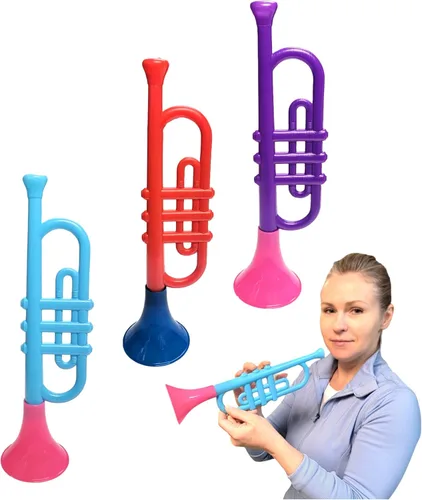 Trompetas de plástico coloridas (13 pulgadas) juguetes musicales para niños, instrumentos para hacer ruido para fiestas y eventos, recuerdos