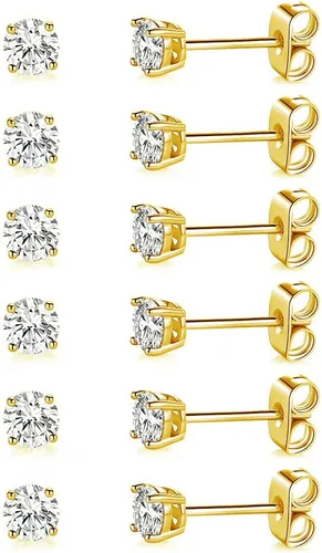 Miniatura 24 de Aretes de tuerca chapados en oro blanco de 18 quilates de 3 a 0.315 in con circonita cúbica redonda, paquete de 6 pares