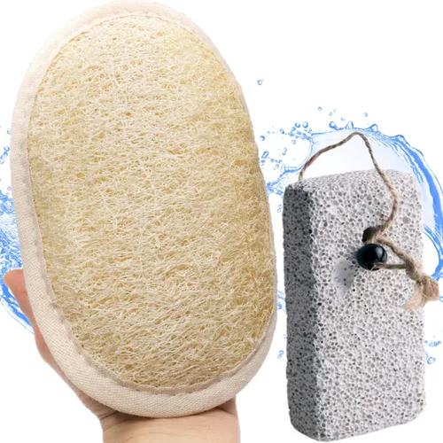 Coimoon Set (fabricado en Europa): almohadillas faciales de lufa orgánicas exfoliantes y esponja de ducha con piedra pómez natural, lufa, esponja