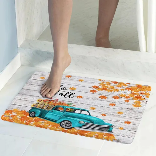 Miniatura 7 de Alfombra de baño con diseño de girasol amarillo otoñal y calabaza naranja sobre camión azul vintage, tapete de baño con texto en inglés "Hello