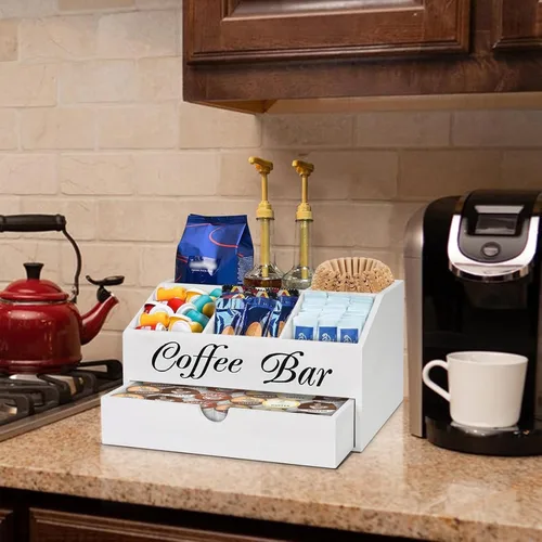 Miniatura 5 de Organizador de barra de café, accesorios de barra de madera con cajón, organizador de estación de café, cesta de almacenamiento, estación