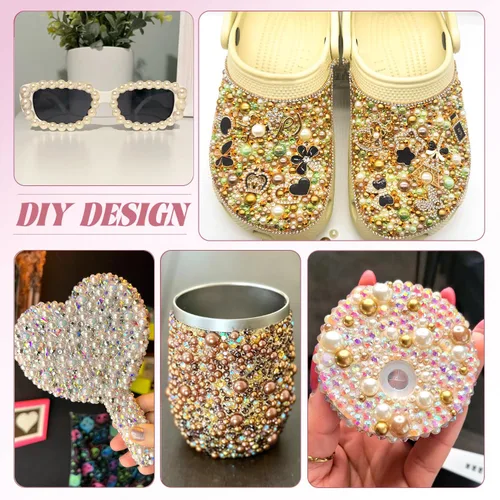Miniatura 4 de 80g de perlas planas y diamantes de imitación para hacer brillar, color beige, oro, marrón, tamaño mixto de 3-10mm, diamantes de imitación de resina