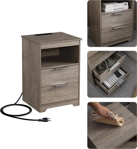 Miniatura 6 de Mesita de noche con estación de carga, mesita de noche con 2 cajones, mesa auxiliar de madera con cajón y estante de apertura, mesa auxiliar