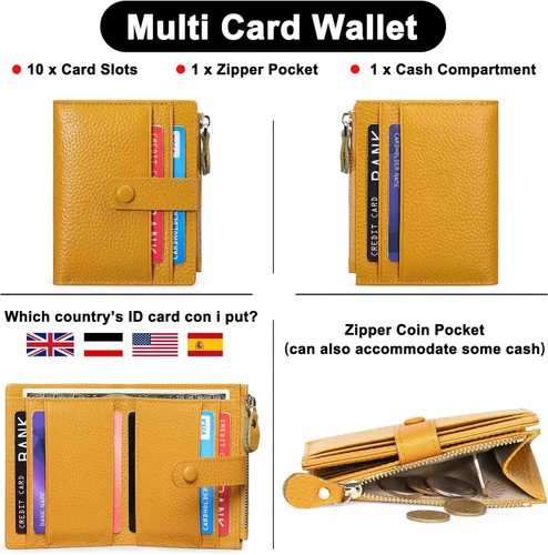 Miniatura 4 de FALAN MULE Billeteras pequeñas para mujer, con bloqueo RFID, delgada, plegable, de cuero, con cremallera, monedero, AP-amarillo, Minimalista