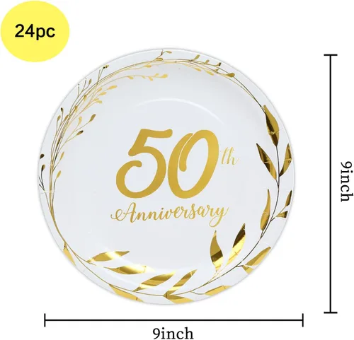 Miniatura 4 de Platos de papel de 50 aniversario – Suministros dorados para fiesta de celebración de boda, platos de postre de papel redondos desechables