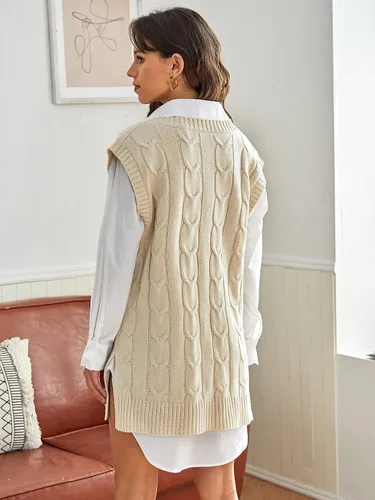 Miniatura 2 de Romwe Suéter de punto trenzado de gran tamaño para mujer sin mangas cuello en V Blanco