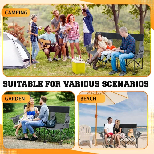 Miniatura 7 de Teenyyou Silla de camping para 3 personas, silla de playa plegable de gran tamaño con soporte para tazas refrigerador, bolsa trasera de malla Gris