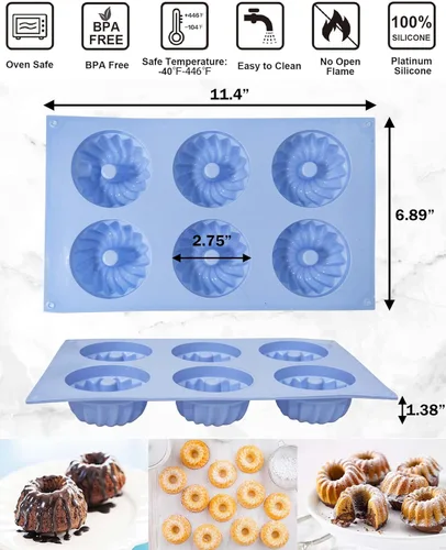 Miniatura 2 de Moldes de gelatina 3 piezas de silicona con tubo estriado, moldes de silicona para pastel Bundtlette de 6 cavidades Heritage, moldes elegantes