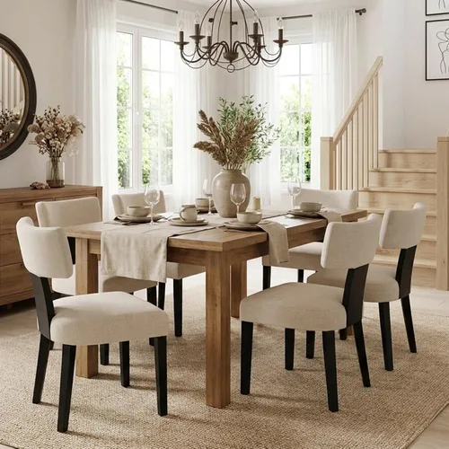 Miniatura 53 de HNY Juego de 6 sillas de comedor de ratán de estilo de mediados de siglo, silla de acento tapizada en lino de estilo granja con respaldo curvo