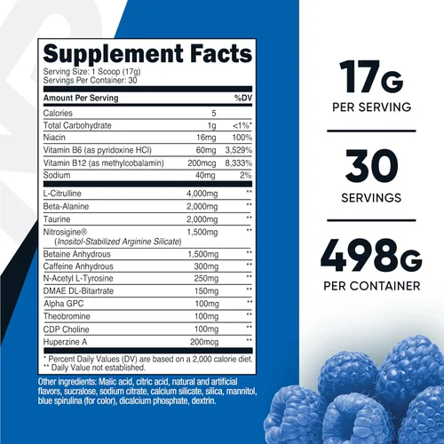Miniatura 2 de Nutricost Pre-X Xtreme - Complejo de polvo para pre-entrenamiento, frambuesa azul, 30 porciones, vegetariano, sin OMG y sin gluten