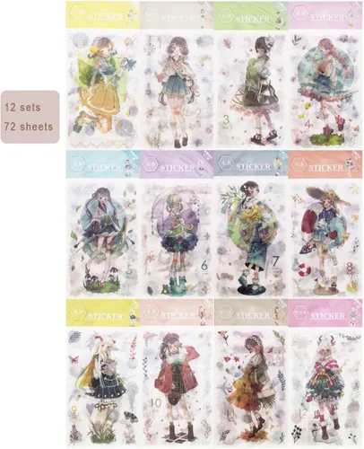 Miniatura 2 de 72 hojas de pegatinas de dibujos animados de meses para niña, álbum de recortes - pegatinas washi, papelería para diario, calendario decorativo, 12