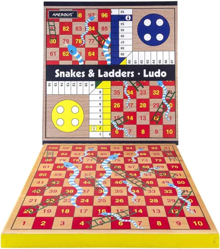 Miniatura 6 de AMEROUS Juego de mesa de ludo de madera de 12 pulgadas - Serpientes y escaleras, reversible 2 en 1, juego de dados familiar de 1-4 jugadores, juego
