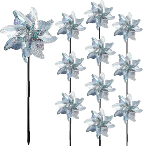10 molinillos reflectantes plateados de 21 pulgadas con estacas, molinos de viento para decoración de jardín al aire libre, césped, decoración