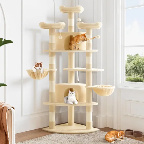 Miniatura 2 de Allewie Torre esquinera para gatos de 73 pulgadas en forma de abanico que ahorra espacio, árbol alto de varios niveles para gatos de interior/cestas