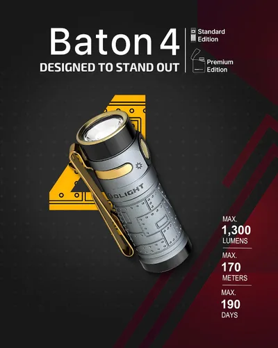 Miniatura 2 de OLIGHT Baton4 Linterna EDC recargable, luz de bolsillo LED de 1300 lúmenes con cable de carga magnético, 6 modos, IPX8 impermeable para el hogar