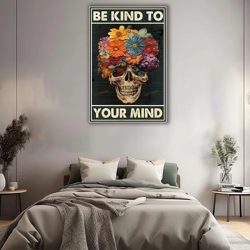 Miniatura 4 de TSEZLOJH Lienzo decorativo para pared, diseño de flores con texto en inglés «Be Kind to Your Mind», diseño retro para tus familiares y amigos, marco