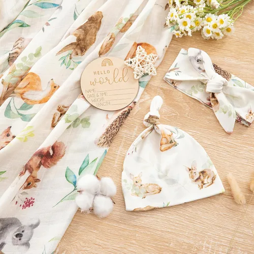 Miniatura 5 de BabyWhale Manta de muselina para envolver con sombrero y vincha con moño, juego de manta con estampado de animales para bebés niños y niñas, manta