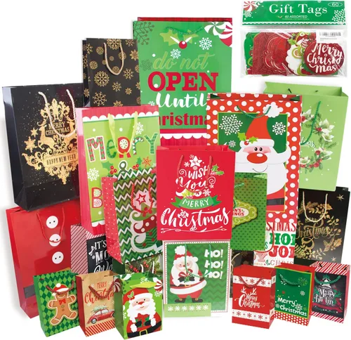 Party Funny 24 bolsas de papel de regalo de Navidad a granel con asas y 60 etiquetas de regalo de Navidad, varios tamaños para envolver regalos de