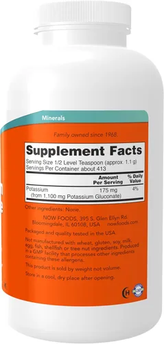 Miniatura 2 de NOW Suplementos, Gluconato de Potasio Polvo Puro 175 mg, Mineral Esencial*, 1 Libra