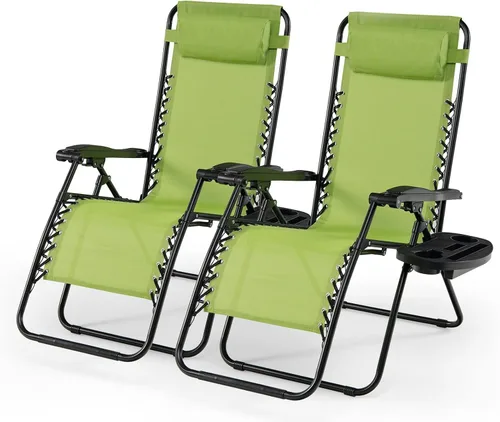 Miniatura 9 de HAPPYGRILL Juego de 2 sillas de gravedad cero para exteriores, relajantes, reclinables, plegables, con portavasos para patio, playa, junto a