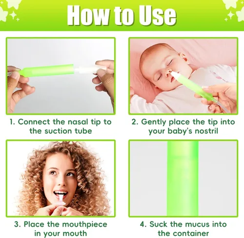 Miniatura 5 de Aspirador nasal para bebé, alivio de la congestión nasal con 25 filtros de higiene, 2 puntas de silicona con pinzas de limpieza nasal, color verde