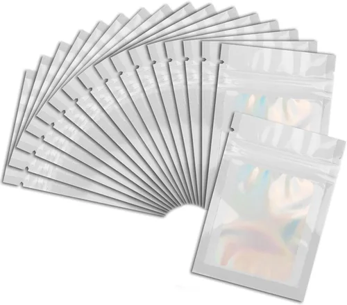 Miniatura 8 de 50 bolsas de Mylar negras de 2.7 x 3.9 pulgadas con ventana transparente, bolsa holográfica resellable para almacenamiento de alimentos, joyas