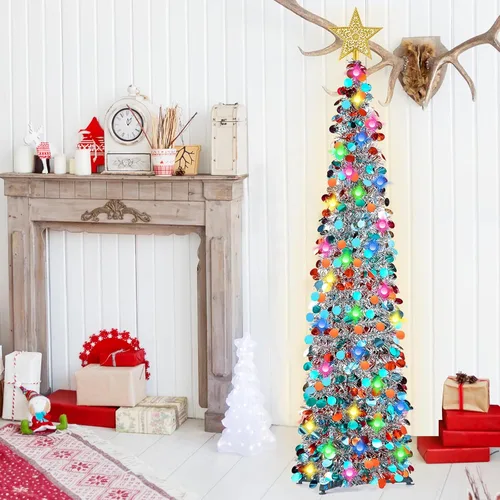 Miniatura 9 de RACPNEL Árbol de Navidad de oropel desplegable de 5 pies con luces LED, lentejuelas, adorno de árbol, árbol de Navidad plegable artificial