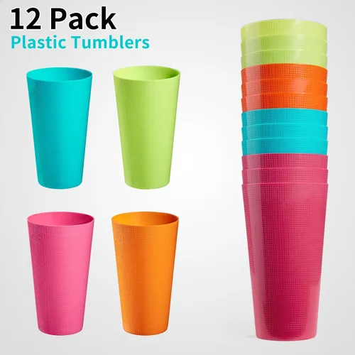 Miniatura 7 de Vasos de plástico de 35 onzas, vasos reutilizables para beber, juego de 12 vasos multicolor irrompibles, sin BPA, aptos para microondas