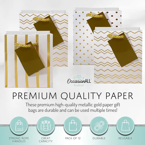 Miniatura 6 de Bolsas de regalo de papel dorado metálico con asas, ideales para fiesta de cumpleaños, con diseños de lunares, rayas y cheurón; 12 unidades. 4 x