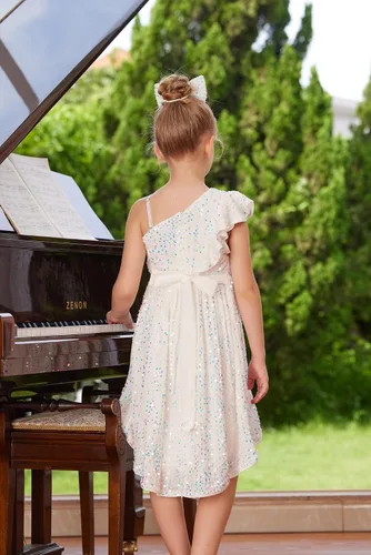 Miniatura 9 de GRACE KARIN Vestido de lentejuelas de un hombro para niñas, vestido de fiesta alto y bajo para 5-14 años