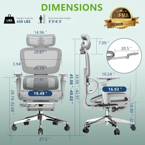 Miniatura 2 de Silla de oficina ergonómica con reposapiés, silla de escritorio de malla de respaldo alto, soporte lumbar y reclinable de 90-135°, reposacabezas 3D