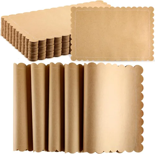 Miniatura 10 de 100 manteles individuales desechables de papel kraft marrón, rectangular, rústico, estampado, festoneado, marrón, para bodas, aniversarios, fiestas