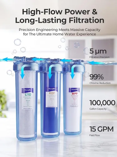 Miniatura 4 de Sistema de filtro de agua de 3 etapas para toda la casa, reducción de metales pesados, 20 x 4.5 pulgadas, incluye bloque de carbono PP, KDF y CTO