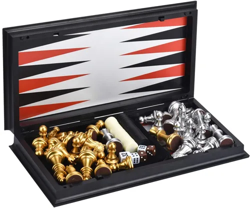Miniatura 3 de Juego de mesa de backgammon magnético 3 en 1 con tablero plegable de 12.5 pulgadas para niños y adultos (Ajedrez: oro y plata)