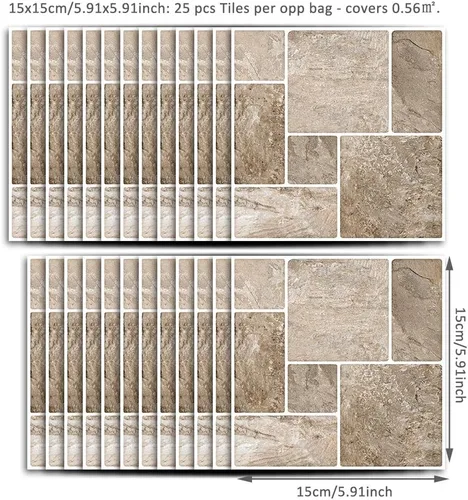 Miniatura 6 de Alwayspon 25 calcomanías autoadhesivas para azulejos de pared, a prueba de agua, para cocina, baño, 6 x 6 pulgadas Piedra beige