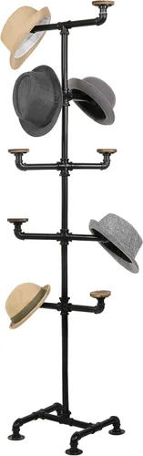 Miniatura 8 de MyGift Estante industrial de metal marrón oscuro con 10 perchas redondas de madera quemada rústica para sombreros, soporte decorativo con ganchos