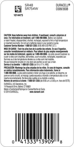 Miniatura 2 de Duracell Batería de botón de óxido de plata 309/393, paquete de 1, batería 309/393 de 1.5 voltios, larga duración para relojes, dispositivos
