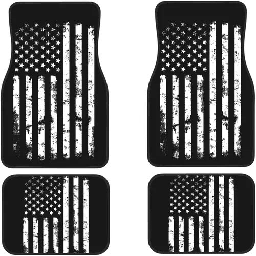 Juego completo de 4 alfombrillas delanteras y traseras para automóvil, con bandera estadounidense, color negro, juego completo de alfombrillas de