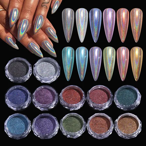 Miniatura 15 de Polvo de uñas cromado, efecto espejo, polvo metálico, 6 colores, bronce, marrón, negro, oro rosa, holográfico, purpurina cromada, pigmento en polvo